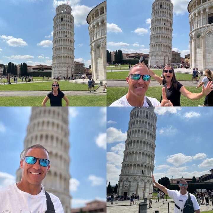 a collage of a Paul and corene Hutchings in front of the leaning tower of pizza