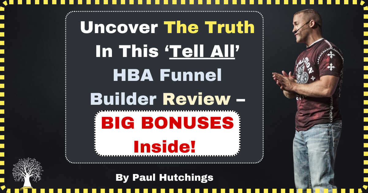 a man standing in front of a black board pointing to the words "HBA Funnel Builder Review"