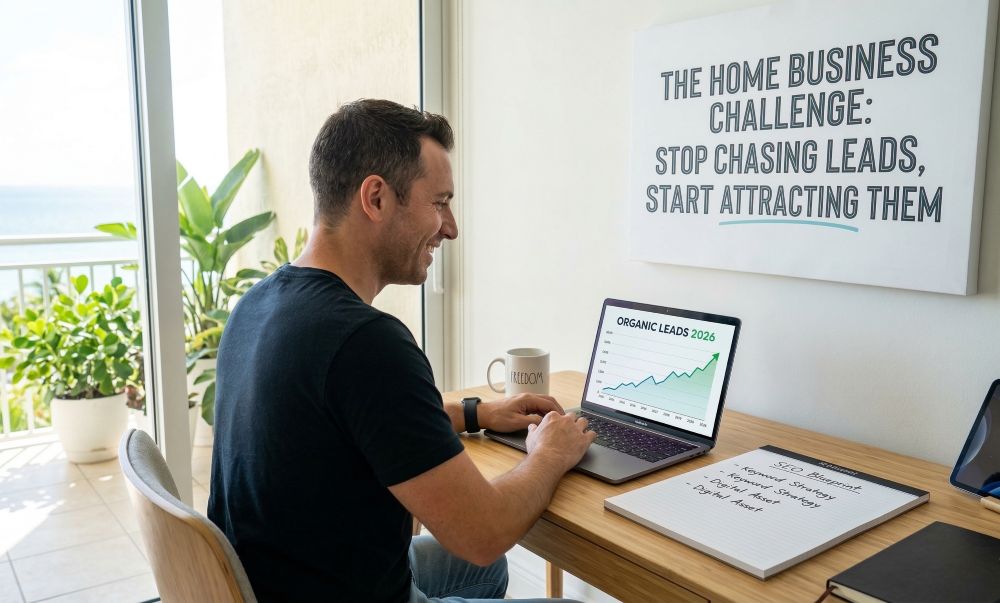 A professional, brightly lit home office with a view of a tropical balcony. An entrepreneur sits at a wooden desk, smiling while working on a laptop that displays a growing green line graph titled 'ORGANIC LEADS 2026.' On the wall behind him, a large framed sign reads: 'THE HOME BUSINESS CHALLENGE: STOP CHASING LEADS, START ATTRACTING THEM.' A notebook on the desk shows an 'SEO Blueprint' with points for 'Keyword Strategy' and 'Digital Asset.' The image represents the time-freedom and success of an automated SEO lead generation system.